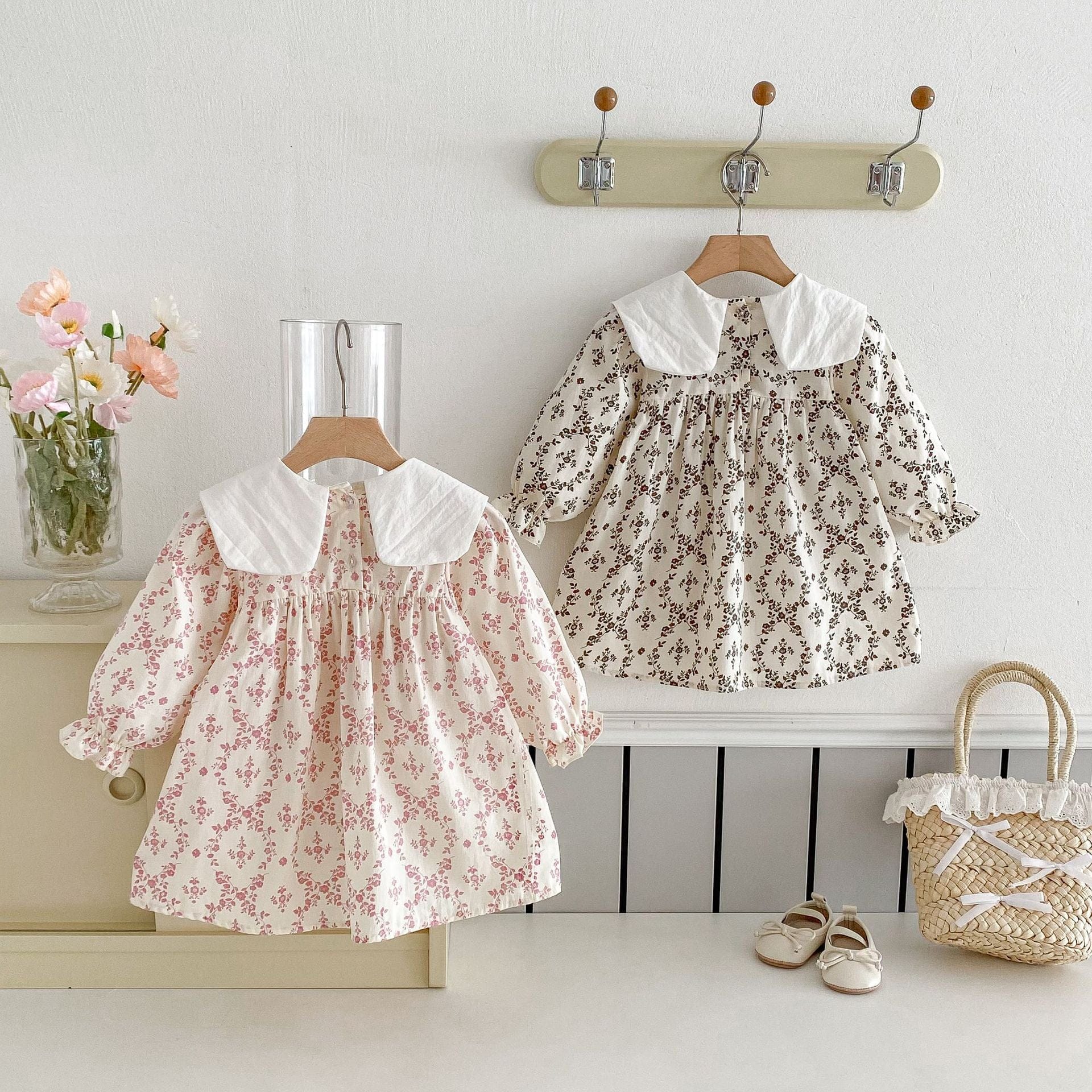 長袖ワンピース フラワー刺繍ビッグ襟長袖ワンピース【mh0010646】