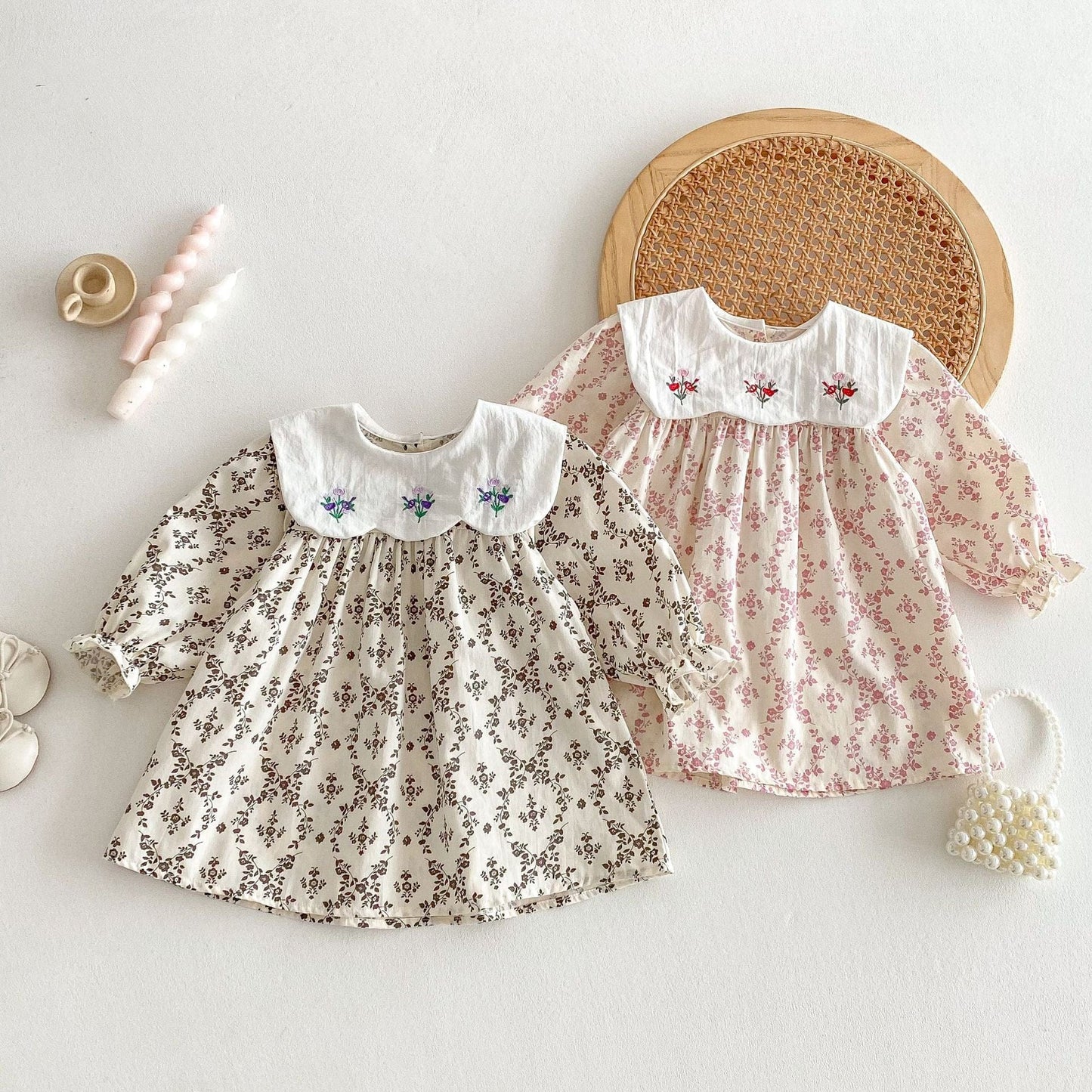 長袖ワンピース フラワー刺繍ビッグ襟長袖ワンピース【mh0010646】