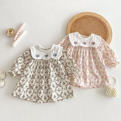 長袖ワンピース フラワー刺繍ビッグ襟長袖ワンピース【mh0010646】