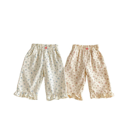 ロングパンツ・スウェットパンツ 裾フリルフラワープリントロングパンツ【mh0010648】