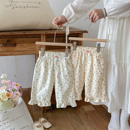 ロングパンツ・スウェットパンツ 裾フリルフラワープリントロングパンツ【mh0010648】