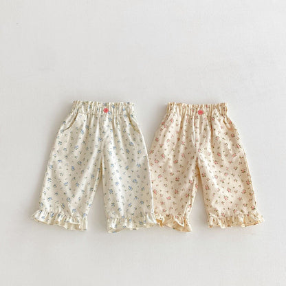 ロングパンツ・スウェットパンツ 裾フリルフラワープリントロングパンツ【mh0010648】