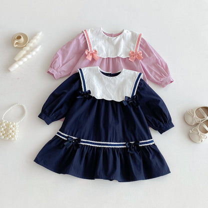 長袖ワンピース リボンアクセントビッグ襟長袖ワンピース【mh0010651】