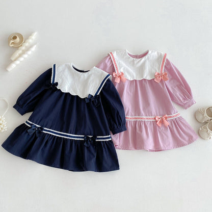 長袖ワンピース リボンアクセントビッグ襟長袖ワンピース【mh0010651】