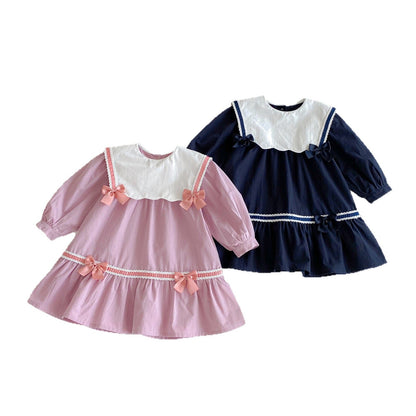 長袖ワンピース リボンアクセントビッグ襟長袖ワンピース【mh0010651】