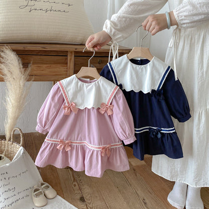 長袖ワンピース リボンアクセントビッグ襟長袖ワンピース【mh0010651】