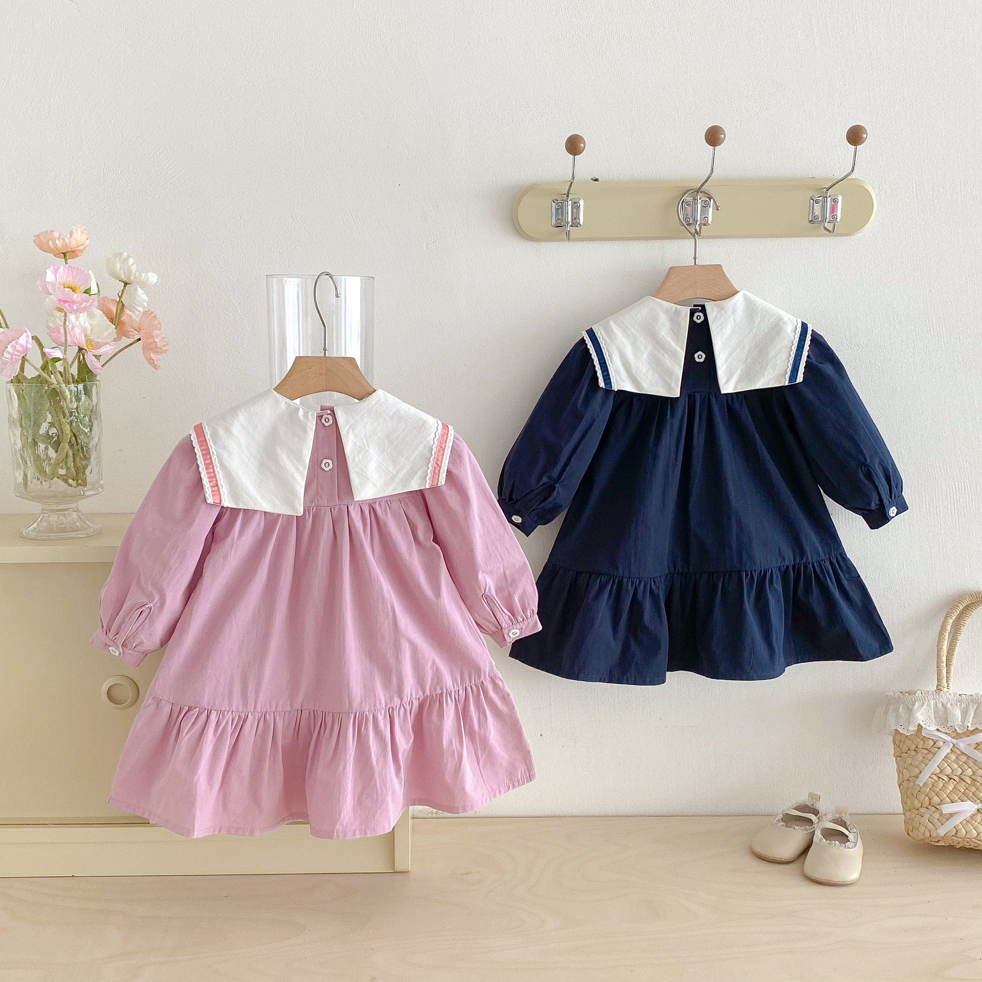 長袖ワンピース リボンアクセントビッグ襟長袖ワンピース【mh0010651】