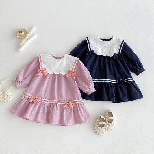 長袖ワンピース リボンアクセントビッグ襟長袖ワンピース【mh0010651】