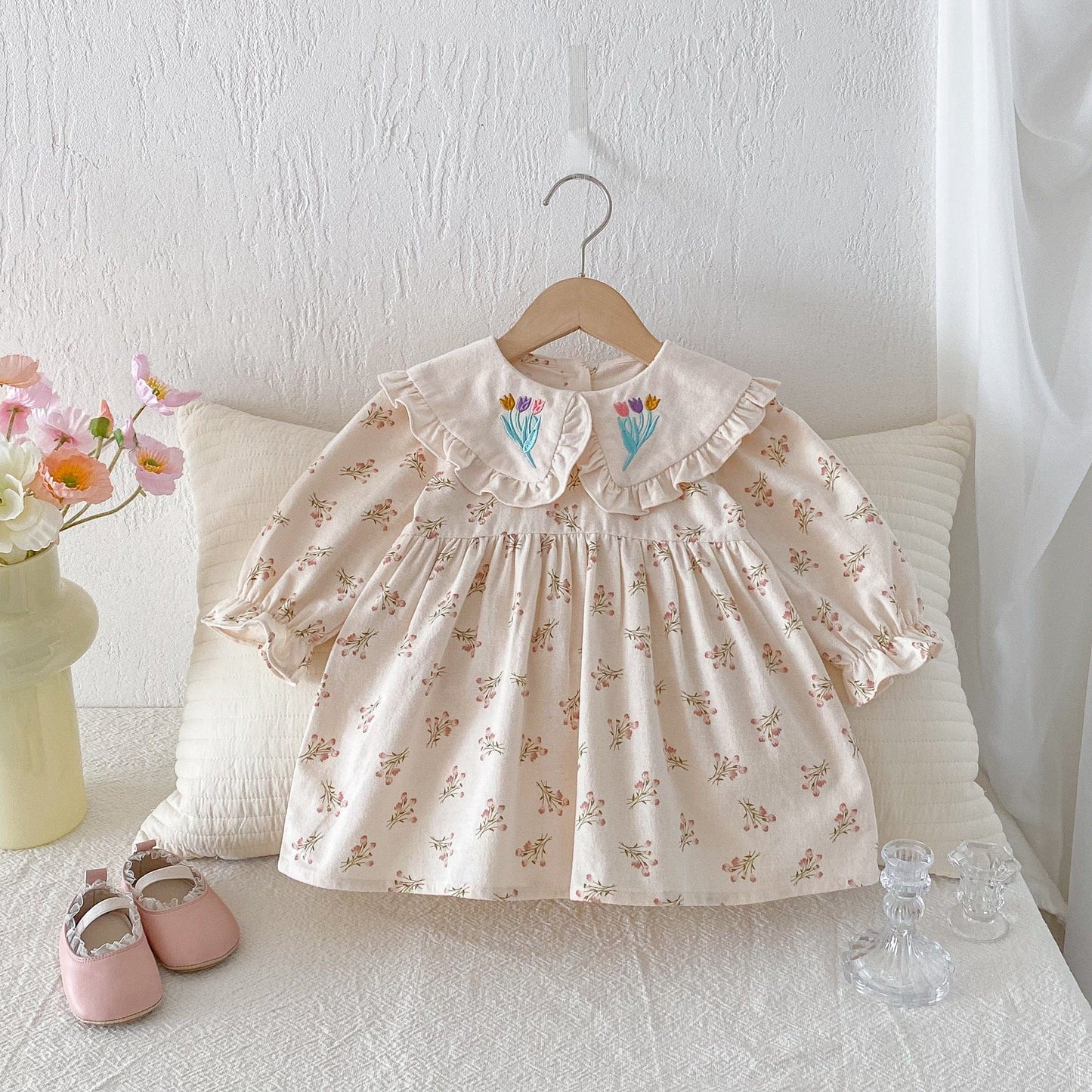 長袖ワンピース フラワー刺繍襟長袖ワンピース【mh0010652】