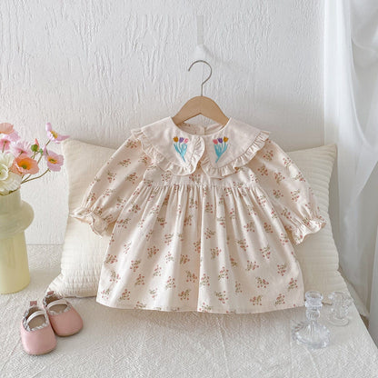 長袖ワンピース フラワー刺繍襟長袖ワンピース【mh0010652】