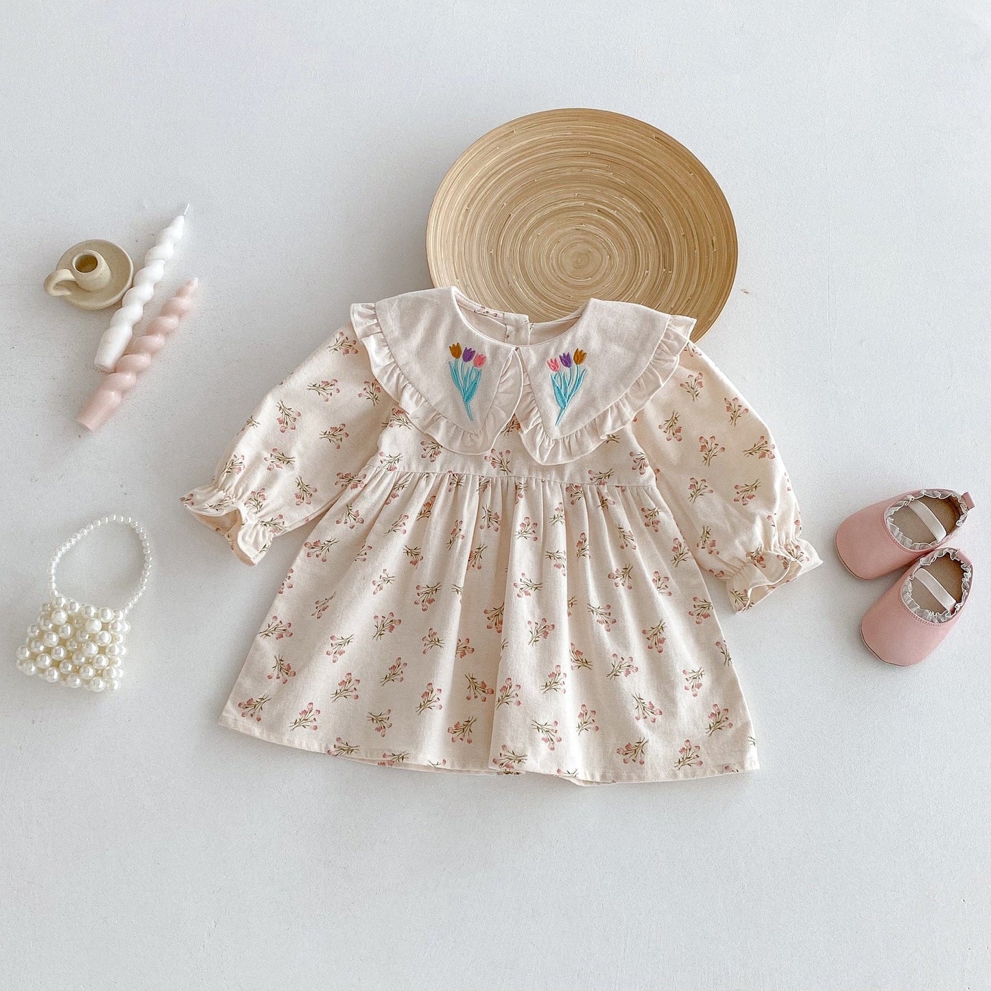 長袖ワンピース フラワー刺繍襟長袖ワンピース【mh0010652】