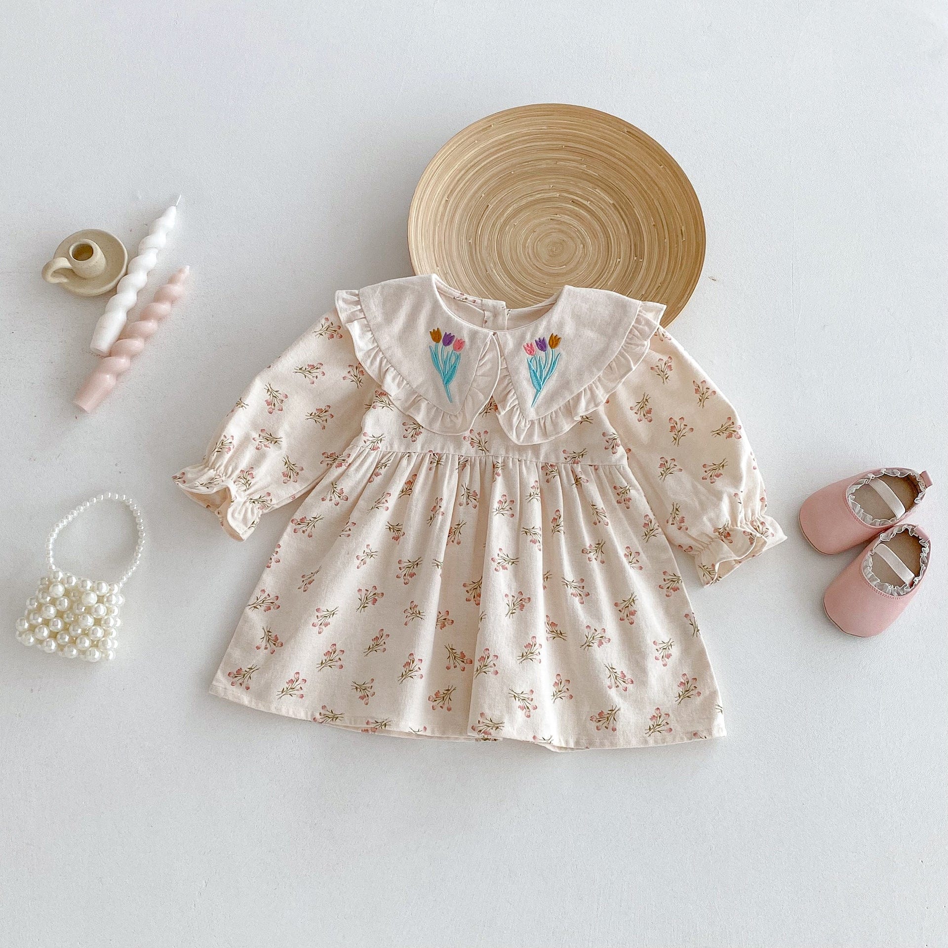 長袖ワンピース フラワー刺繍襟長袖ワンピース【mh0010652】