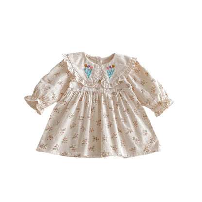 長袖ワンピース フラワー刺繍襟長袖ワンピース【mh0010652】