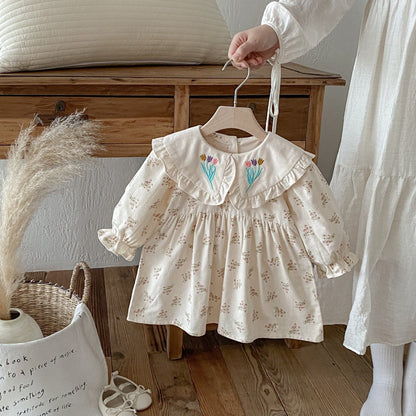 長袖ワンピース フラワー刺繍襟長袖ワンピース【mh0010652】