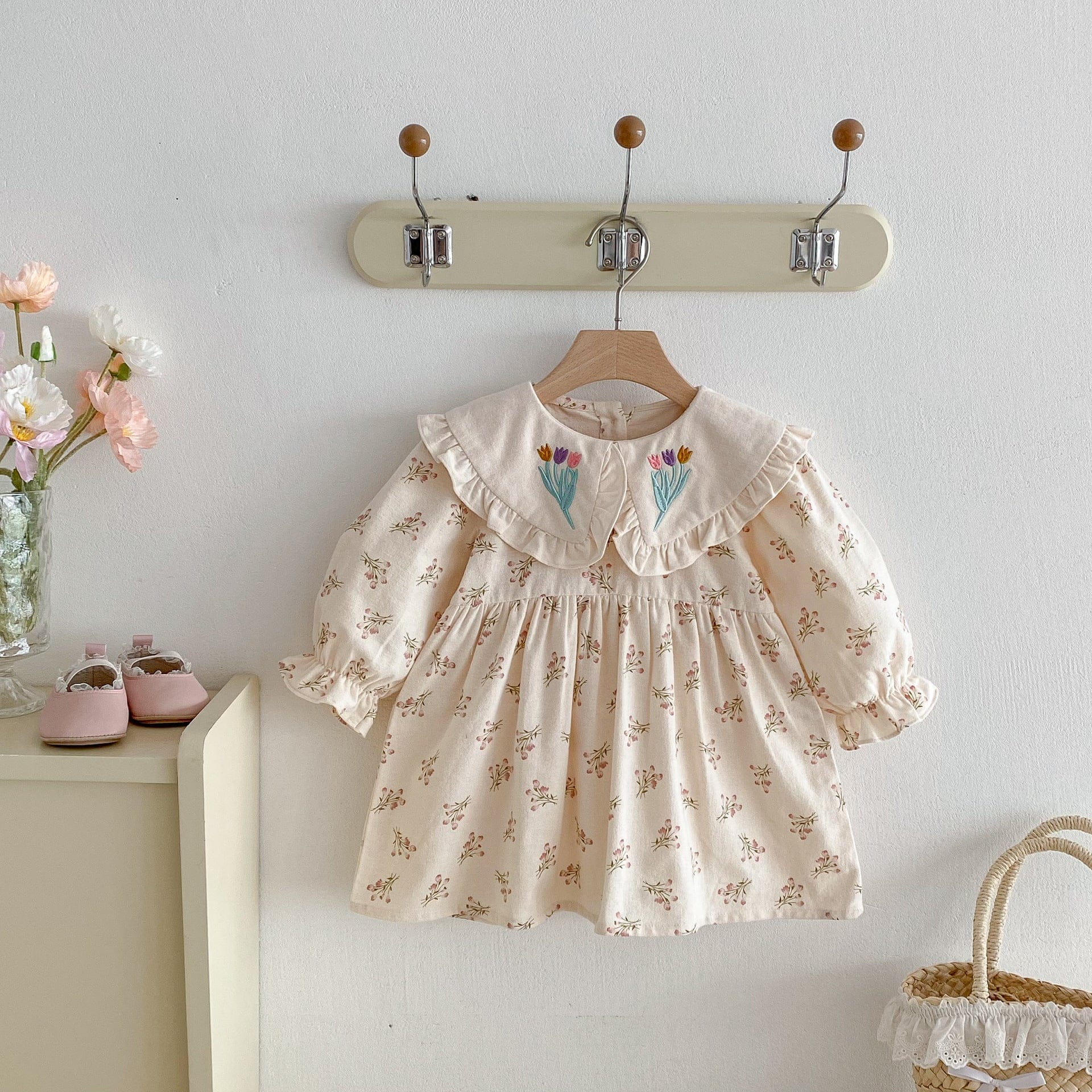 長袖ワンピース フラワー刺繍襟長袖ワンピース【mh0010652】