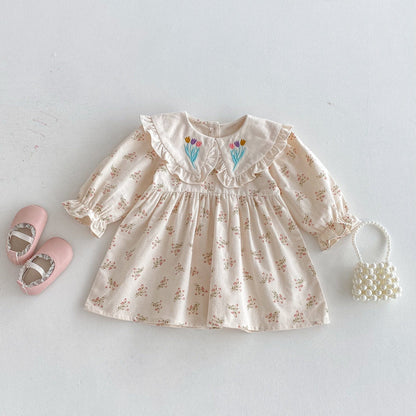 長袖ワンピース フラワー刺繍襟長袖ワンピース【mh0010652】