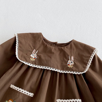 長袖ワンピース うさぎきのこ刺繍長袖ワンピース【mh0010655】