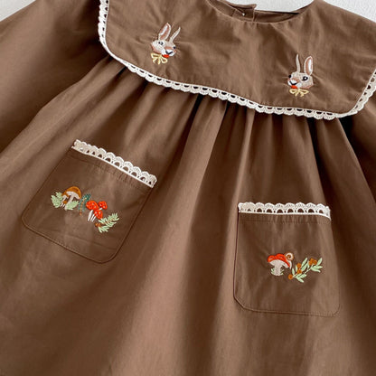 長袖ワンピース うさぎきのこ刺繍長袖ワンピース【mh0010655】