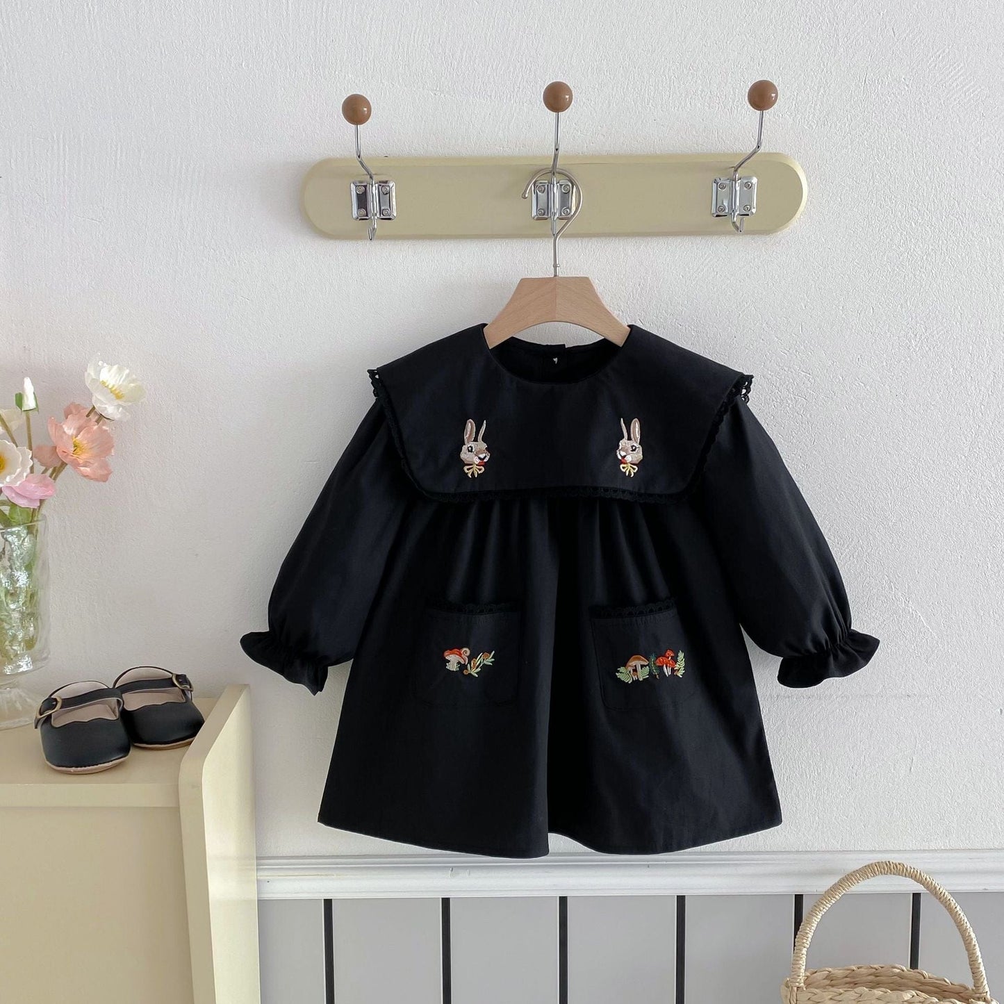 長袖ワンピース うさぎきのこ刺繍長袖ワンピース【mh0010655】