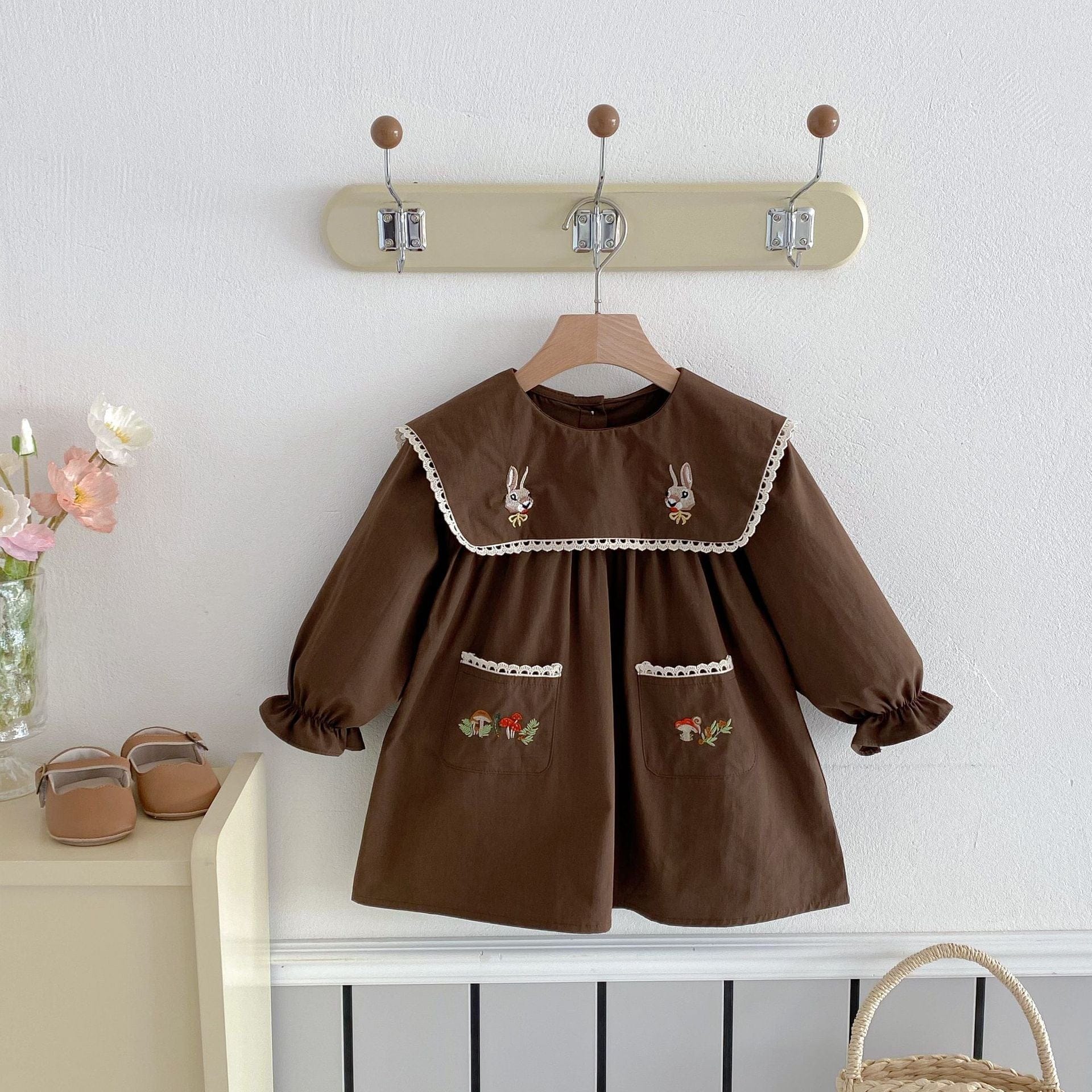 長袖ワンピース うさぎきのこ刺繍長袖ワンピース【mh0010655】