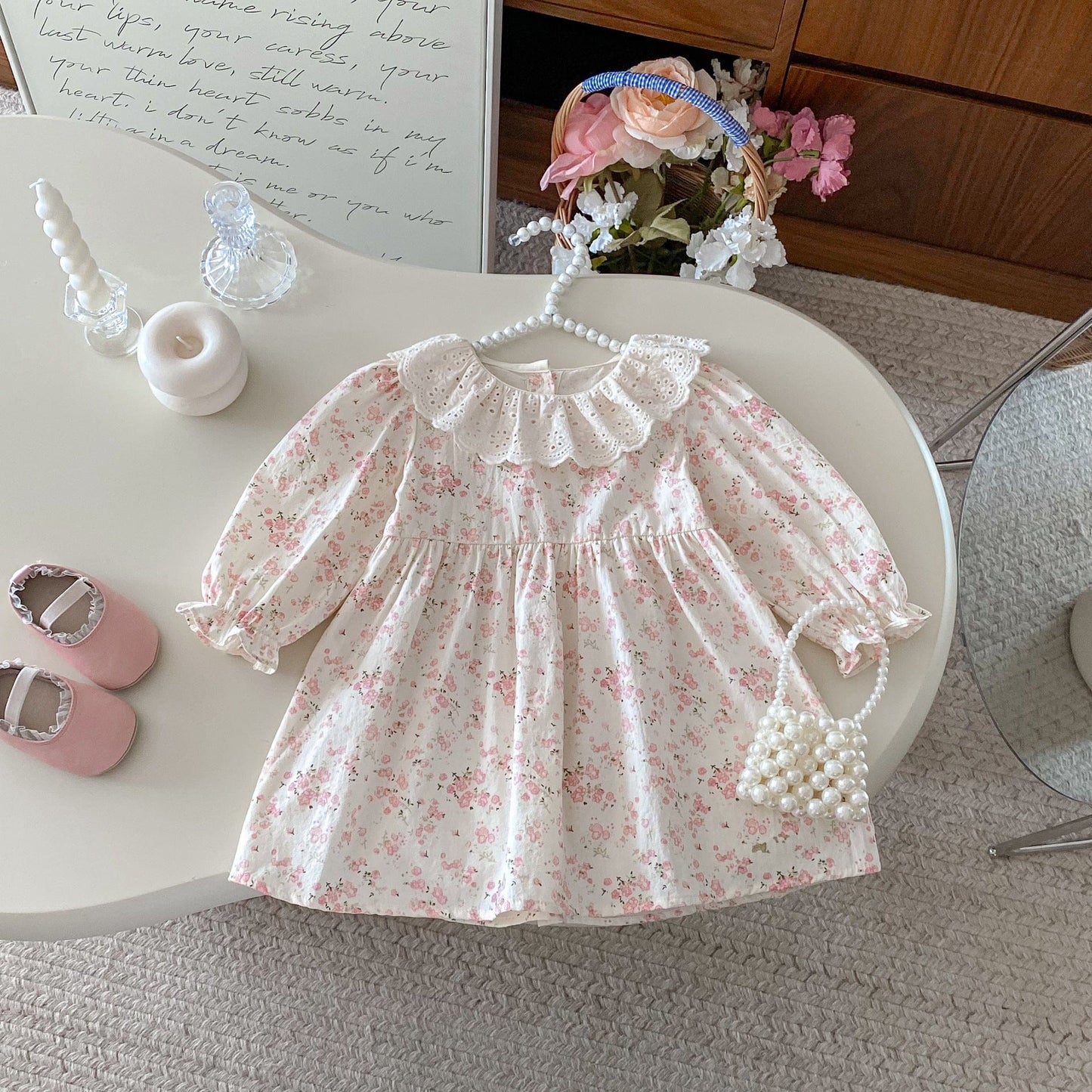 長袖ワンピース レースラッフル襟フラワープリント長袖ワンピース【mh0010664】