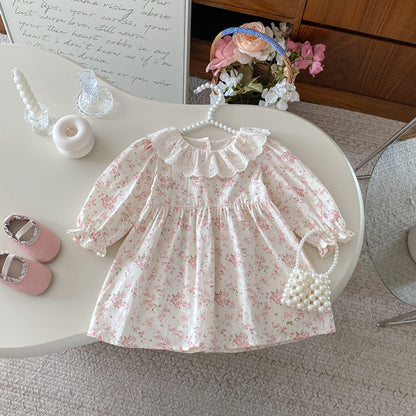 長袖ワンピース レースラッフル襟フラワープリント長袖ワンピース【mh0010664】