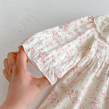 長袖ワンピース レースラッフル襟フラワープリント長袖ワンピース【mh0010664】