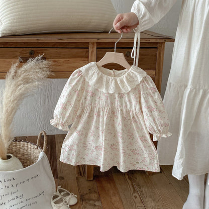 長袖ワンピース レースラッフル襟フラワープリント長袖ワンピース【mh0010664】