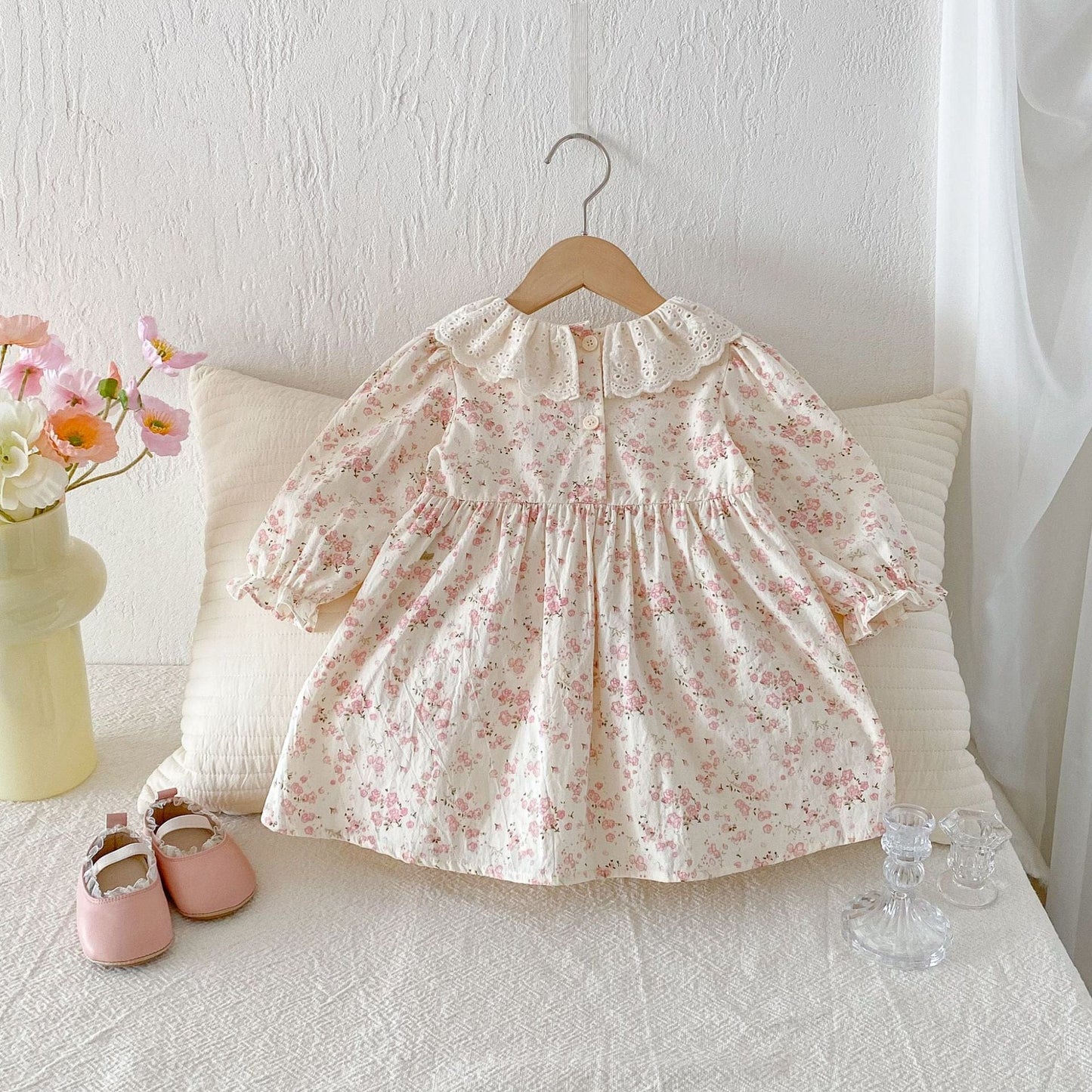 長袖ワンピース レースラッフル襟フラワープリント長袖ワンピース【mh0010664】