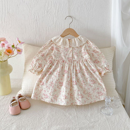 長袖ワンピース レースラッフル襟フラワープリント長袖ワンピース【mh0010664】