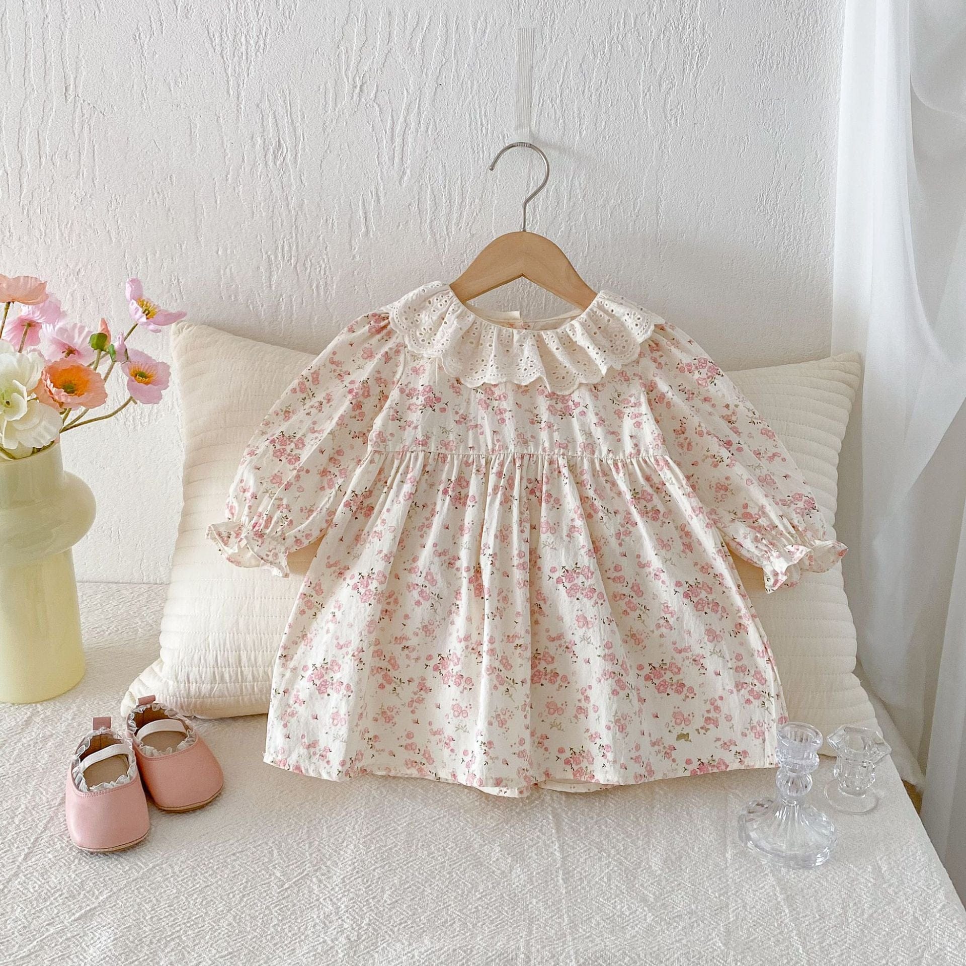 長袖ワンピース レースラッフル襟フラワープリント長袖ワンピース【mh0010664】