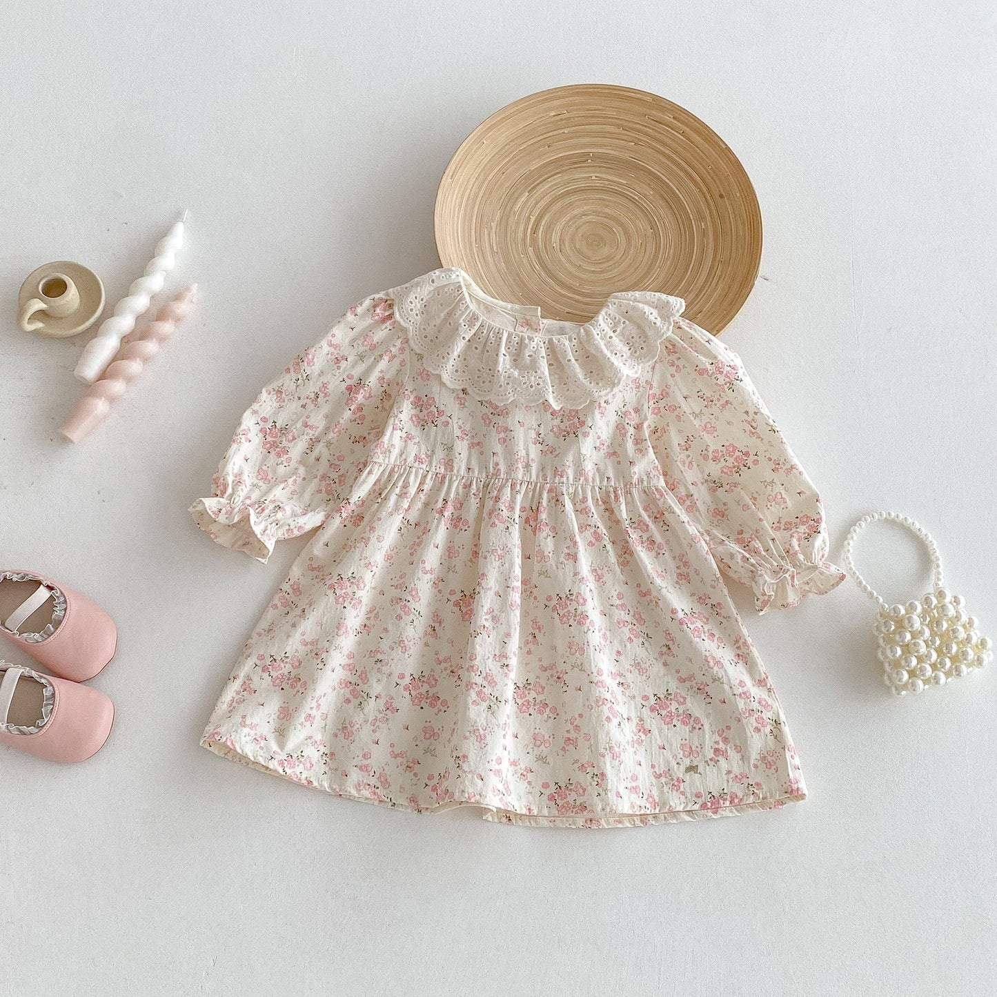 長袖ワンピース レースラッフル襟フラワープリント長袖ワンピース【mh0010664】