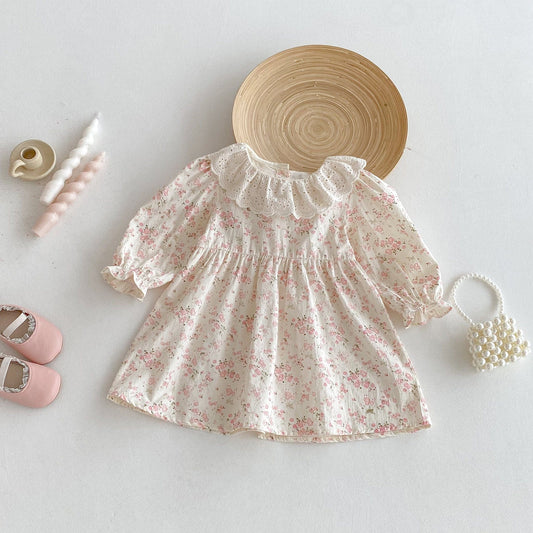 長袖ワンピース レースラッフル襟フラワープリント長袖ワンピース【mh0010664】