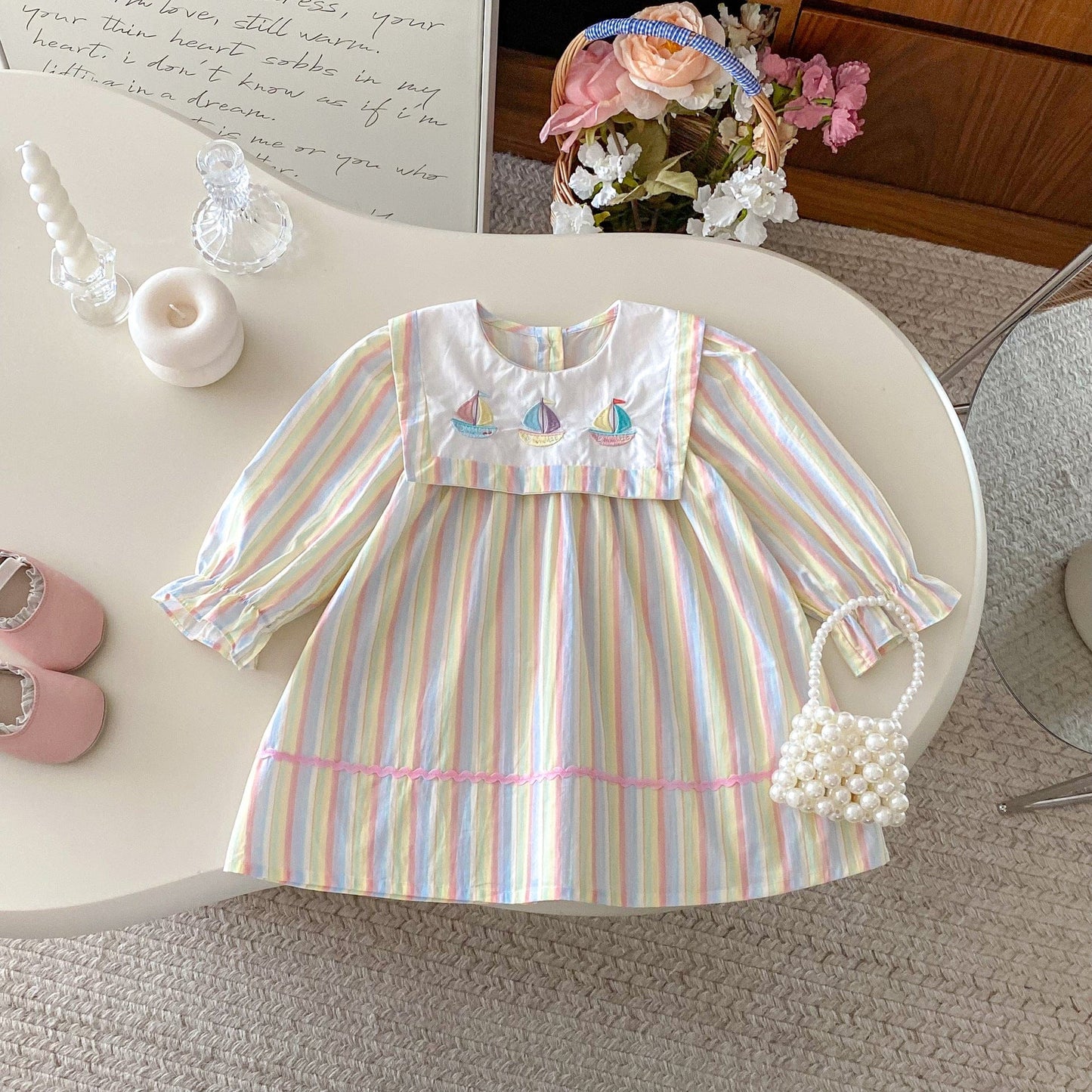 長袖ワンピース ヨット刺繍襟パステルストライプ長袖ワンピース【mh0010667】