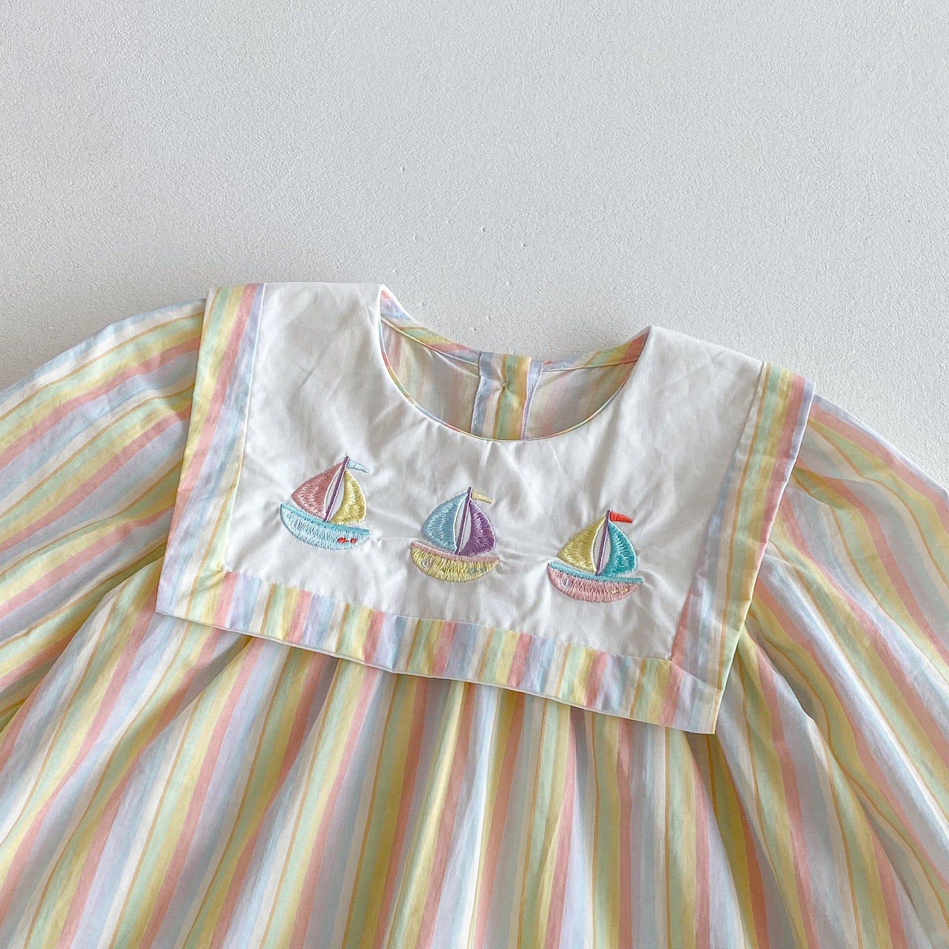 長袖ワンピース ヨット刺繍襟パステルストライプ長袖ワンピース【mh0010667】