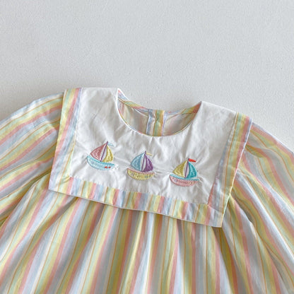 長袖ワンピース ヨット刺繍襟パステルストライプ長袖ワンピース【mh0010667】
