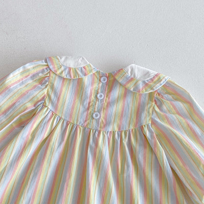 長袖ワンピース ヨット刺繍襟パステルストライプ長袖ワンピース【mh0010667】