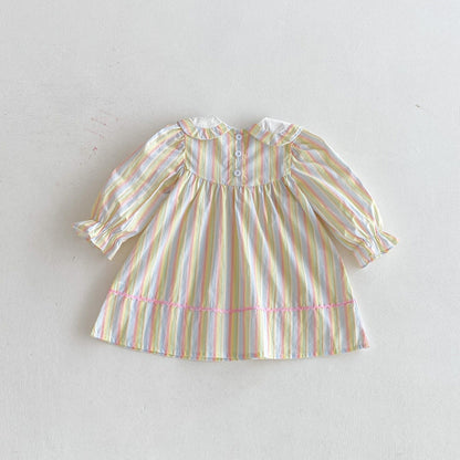 長袖ワンピース ヨット刺繍襟パステルストライプ長袖ワンピース【mh0010667】