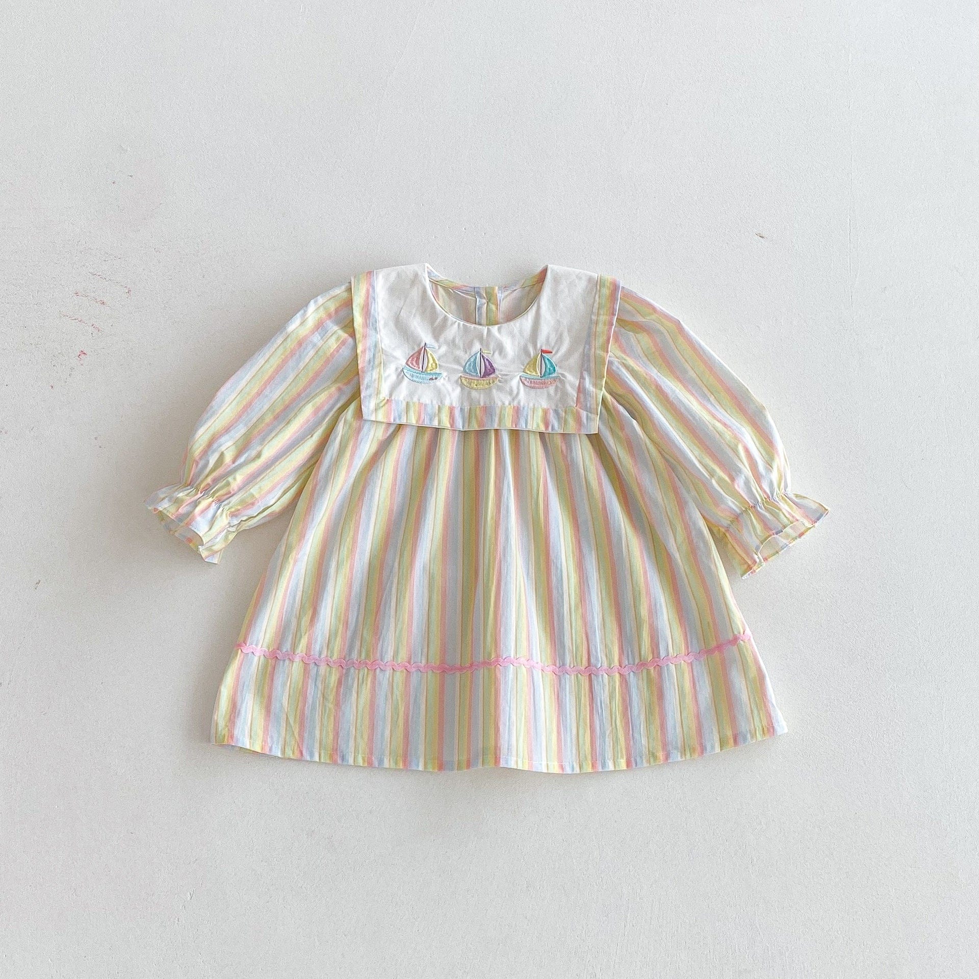 長袖ワンピース ヨット刺繍襟パステルストライプ長袖ワンピース【mh0010667】