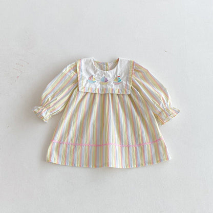 長袖ワンピース ヨット刺繍襟パステルストライプ長袖ワンピース【mh0010667】