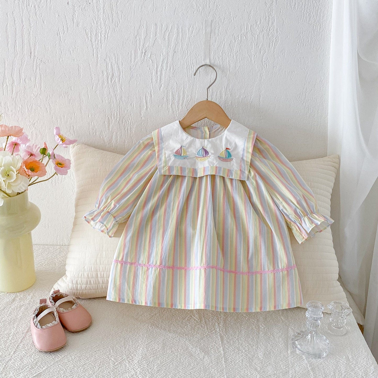 長袖ワンピース ヨット刺繍襟パステルストライプ長袖ワンピース【mh0010667】