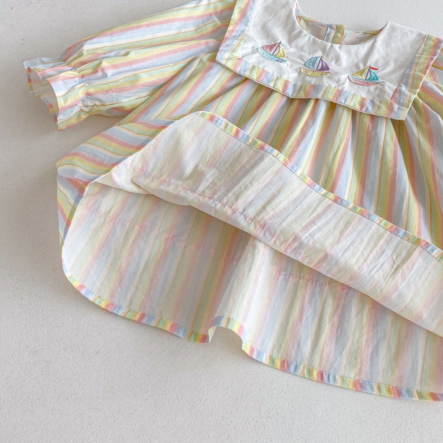 長袖ワンピース ヨット刺繍襟パステルストライプ長袖ワンピース【mh0010667】