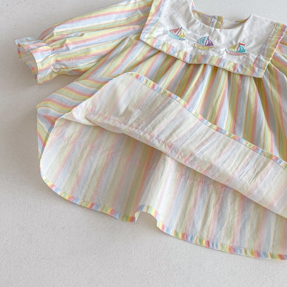 長袖ワンピース ヨット刺繍襟パステルストライプ長袖ワンピース【mh0010667】