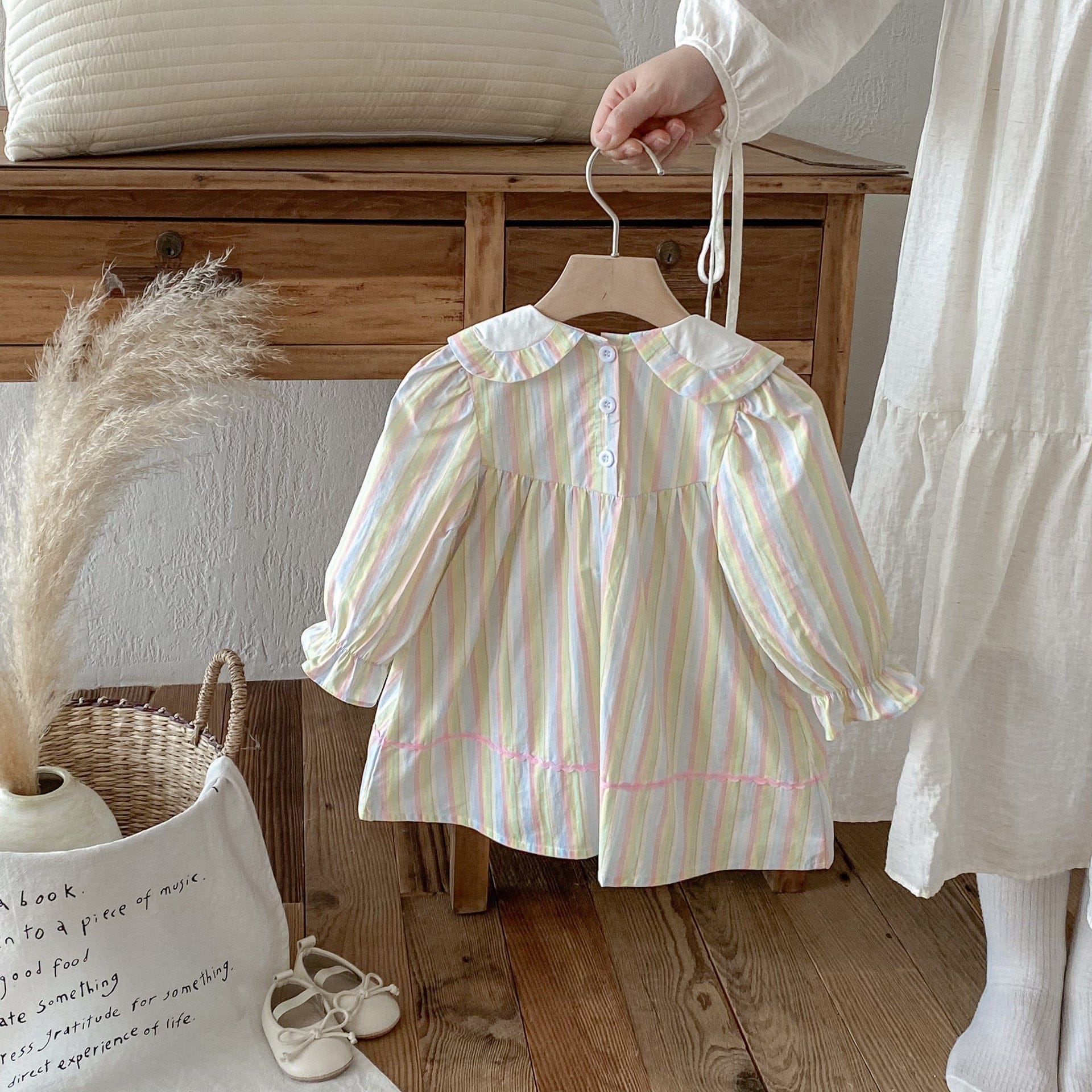 長袖ワンピース ヨット刺繍襟パステルストライプ長袖ワンピース【mh0010667】