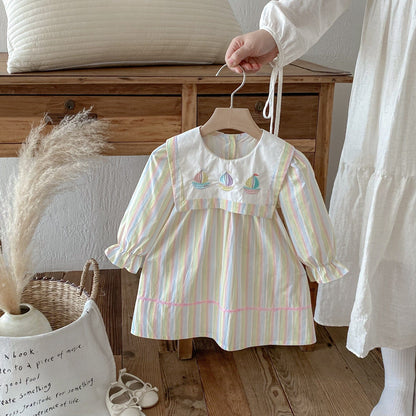 長袖ワンピース ヨット刺繍襟パステルストライプ長袖ワンピース【mh0010667】