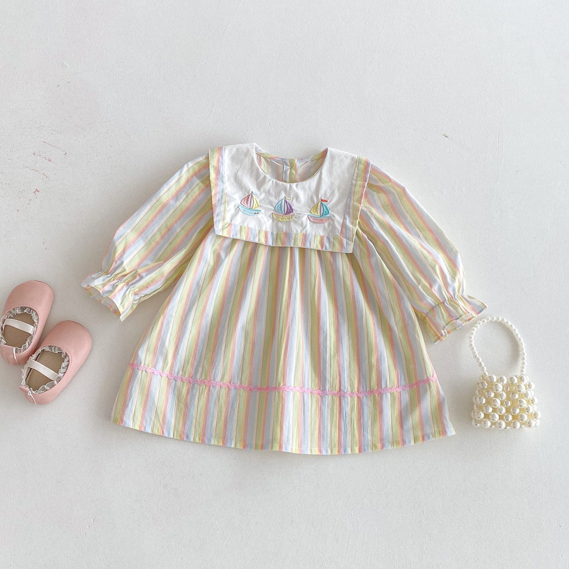 長袖ワンピース ヨット刺繍襟パステルストライプ長袖ワンピース【mh0010667】