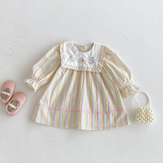 長袖ワンピース ヨット刺繍襟パステルストライプ長袖ワンピース【mh0010667】