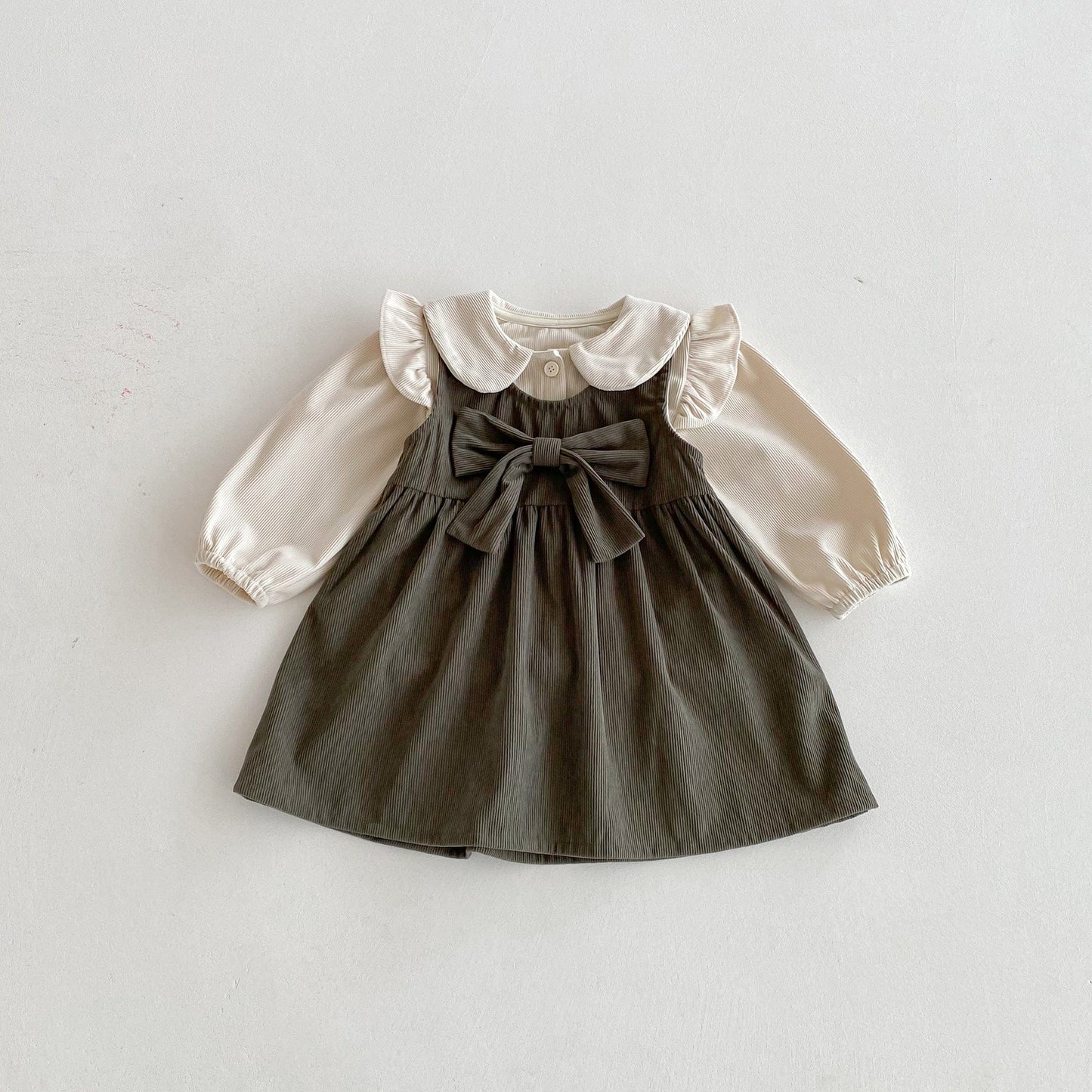 長袖セットアップ フロントリボンノースリーブワンピース/丸襟フリルショルダー長袖ブラウス【mh0010670】