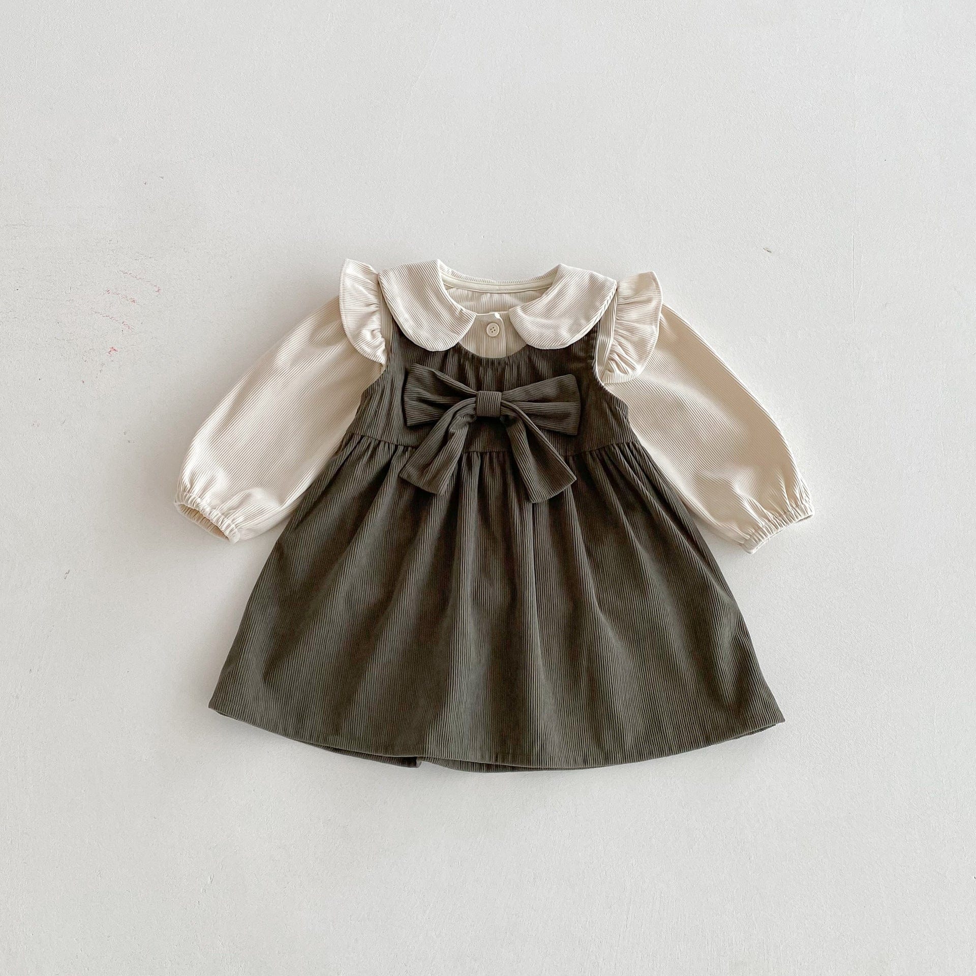 長袖セットアップ フロントリボンノースリーブワンピース/丸襟フリルショルダー長袖ブラウス【mh0010670】