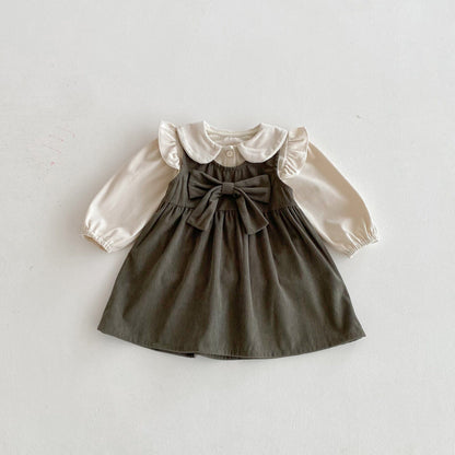 長袖セットアップ フロントリボンノースリーブワンピース/丸襟フリルショルダー長袖ブラウス【mh0010670】